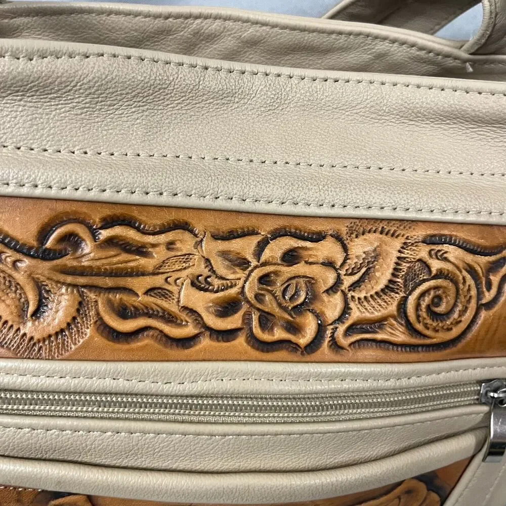 Women's Handbag‎ Tan Brown Leather Floral Embossed Double Handle Shoulder Bag